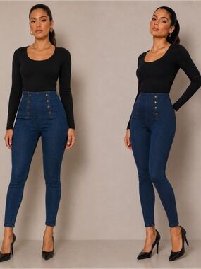 High-Waisted Skinny Sailor Style Blue Stretchy Jeans